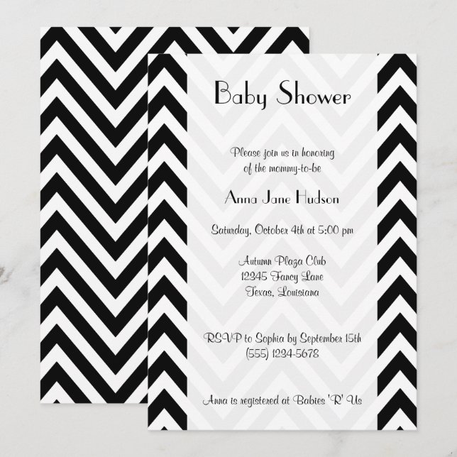 Invitación Patrón Zigzag blanco y negro, Baby Shower (Anverso / Reverso)
