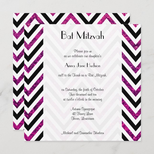 Invitación Patrón Zigzag, Chevron, Purpurina Rosa, Bat Mitzva (Anverso / Reverso)
