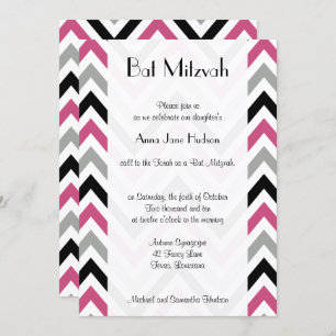 Invitación Patrón Zigzag, Patrón Chevron, Rosa, Mitzvah Bat
