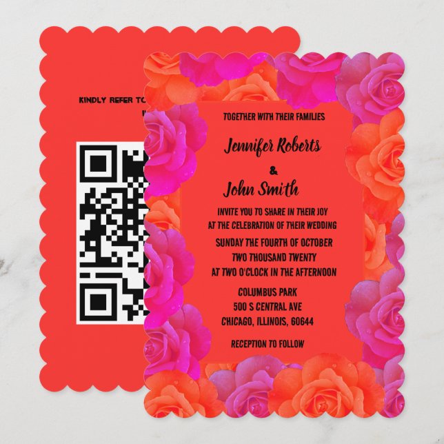 Invitación Patrones de Rosa floral Naranja rosa Boda de códig (Anverso / Reverso)