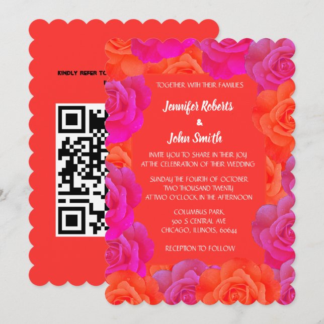 Invitación Patrones de Rosa floral rosa naranja Boda de códig (Anverso / Reverso)