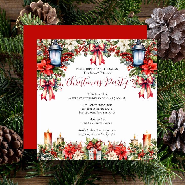 Invitación Patrones elegantes | Fiesta de Navidades Florales  (Vintage Elegant Lanterns and Candles, Poinsettias, Holly and Berries Floral Christmas Party Invite)