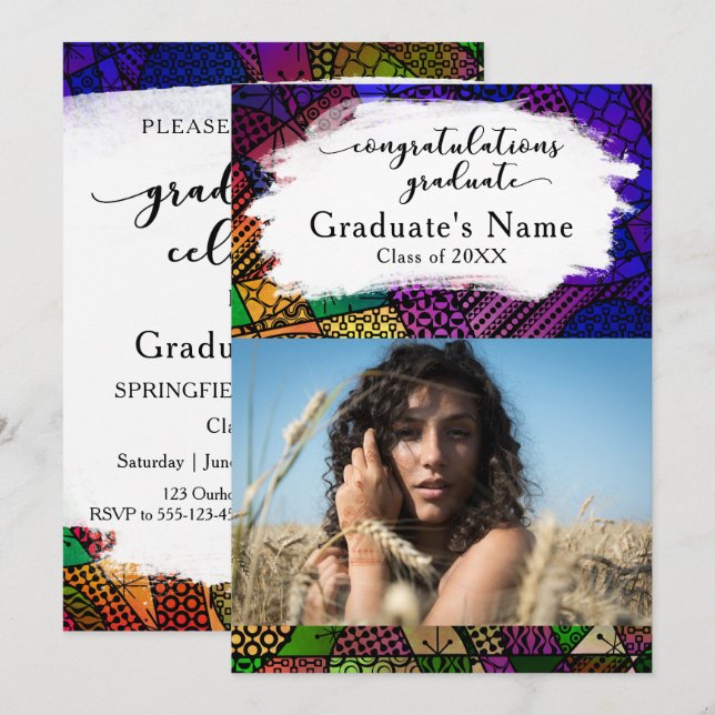 Invitación Patrones geométricos coloridos Fiesta de graduació (Anverso / Reverso)