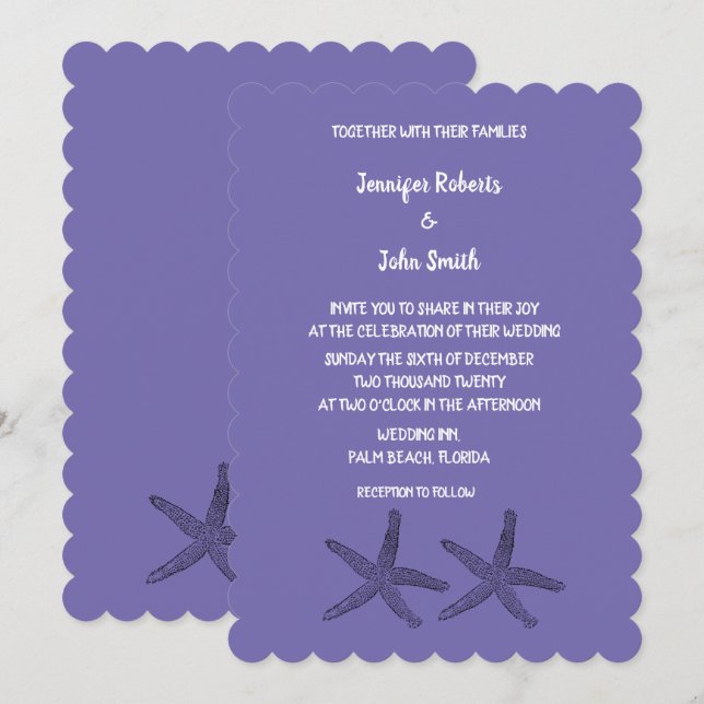 Invitación Patrones Starfish Purple White Cute Beach Wedding (Anverso / Reverso)