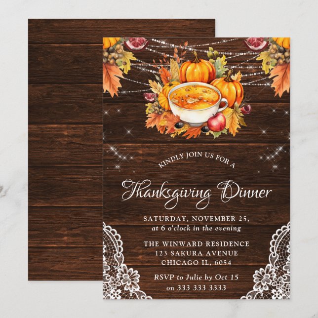 Invitación Pavo asado de otoño rústico de Acción de Gracias e (Anverso / Reverso)