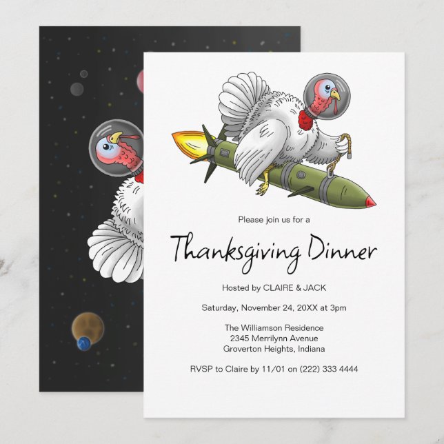 Invitación Pavo de Cohete de Acción de Gracias (Anverso / Reverso)
