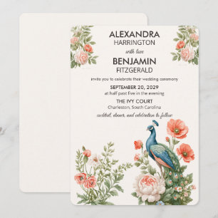 Invitación Pavo Real Botánico de Boda   Arte Floral Vintage