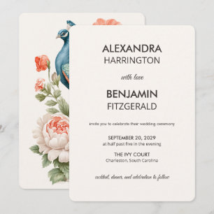 Invitación Pavo Real Botánico de Boda Arte Floral Vintage