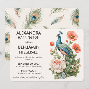 Invitación Pavo real botánico de boda Arte floral vintage