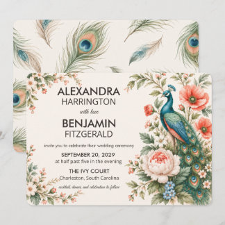 Invitación Pavo real botánico de boda | Arte floral vintage