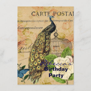 Invitación pavo real botánico francés del vintage del