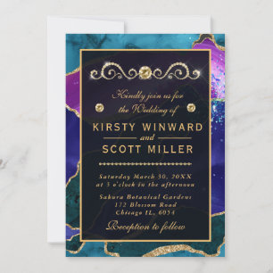 Invitación Pavo real de ágata morado y rosa y boda con purpur