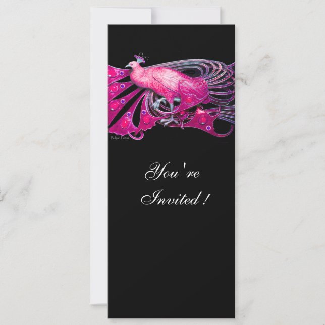 Invitación PAVO REAL ELEGANTE EN FUCsia, ROSA Y NEGRO (Anverso)