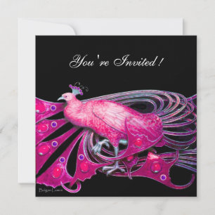Invitación PAVO REAL ELEGANTE EN FUCsia, ROSA Y NEGRO