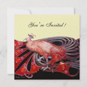 Invitación PAVO REAL ELEGANTE EN ROJO NEGRO Y ORO Metálico