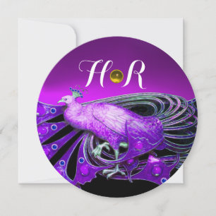 INVITACIÓN PAVO REAL ELEGANTE EN VIOLETA,NEGRO MONOGRAMA DE B