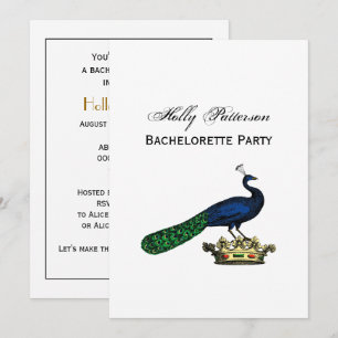 Invitación Pavo real estilizado vintage heráldico sobre coron