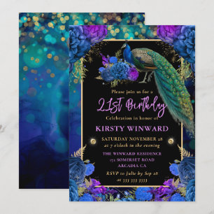 Invitación Pavo Real Floral Azul y Morado Cumpleaños 21