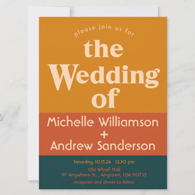 Invitación Pavo Real Naranja Moderno Retro 6.5x8.75 (Anverso)