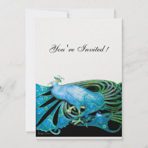 Invitación PAVO REAL negro, hielo azul metálico papel