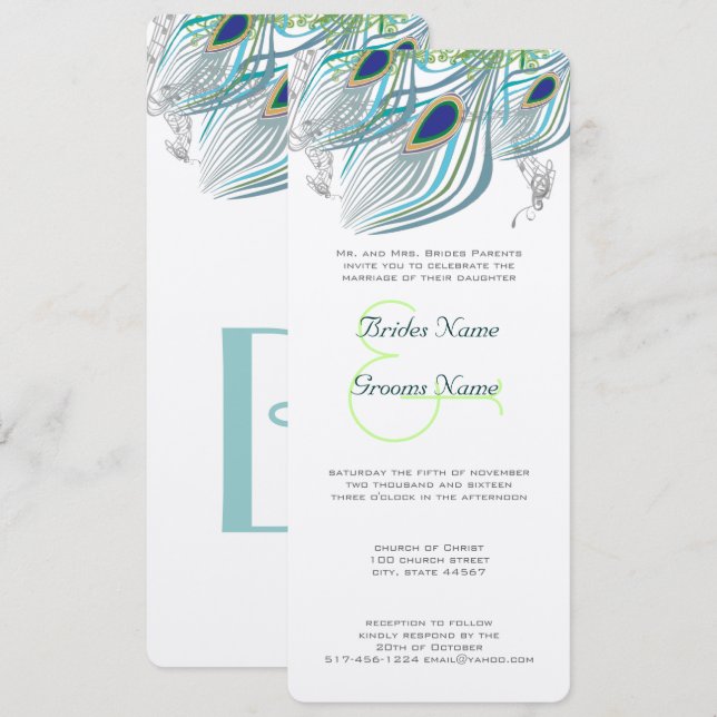 Invitación Pavo real Vintage 3 Plumas (Anverso / Reverso)