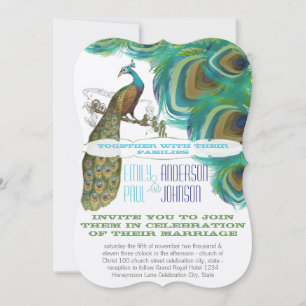 Invitación Pavo real Vintage 4 Plumas Troqueladas Boda