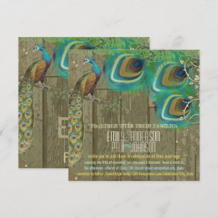 Invitación Pavo real vintage campestre 3 plumas madera antigu