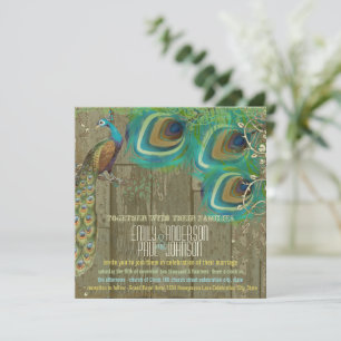 Invitación Pavo real vintage campestre 3 plumas madera antigu