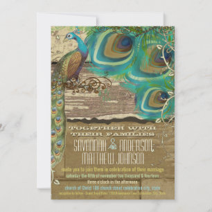 Invitación Pavo real vintage de campo deslucido 3 plumas made