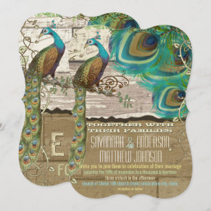 Invitación Pavo real vintage de campo deslucido 3 plumas made