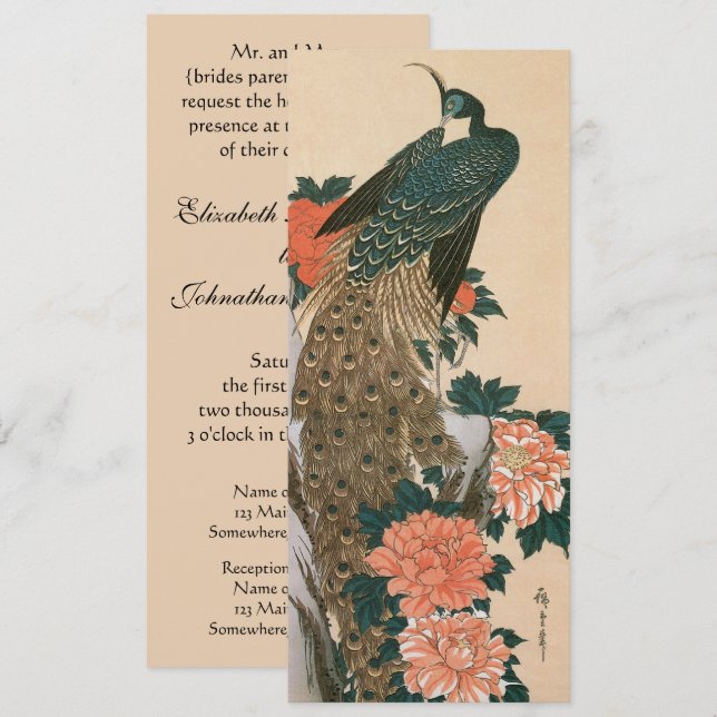 Invitación Pavo real y peonías de Hiroshige Boda (Anverso / Reverso)