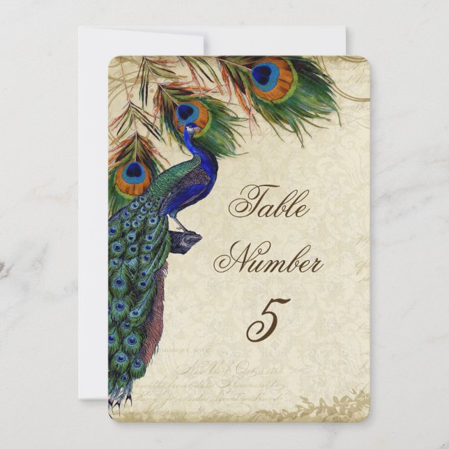 Invitación Pavo Real y Plumas Mesa Formal de Boda Número 5 (Anverso)