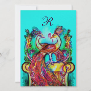 Invitación PAVOS REALES ENAMORADOS MONOGRAMA rojo azul turque