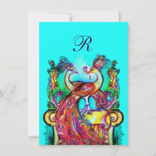 Invitación PAVOS REALES ENAMORADOS MONOGRAMA rojo azul turque