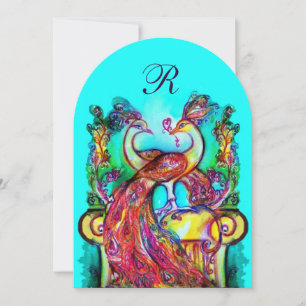 Invitación PAVOS REALES ENAMORADOS MONOGRAMA rojo azul turque