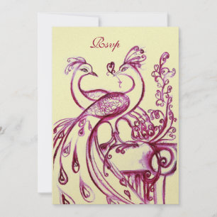 Invitación PAVOS REALES ENAMORADOS RSVP, rojo burdeos rosa do