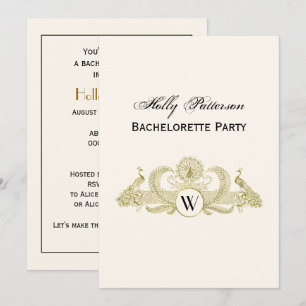 Invitación Pavos Reales Vintage Monograma Marfil Falso Oro BG