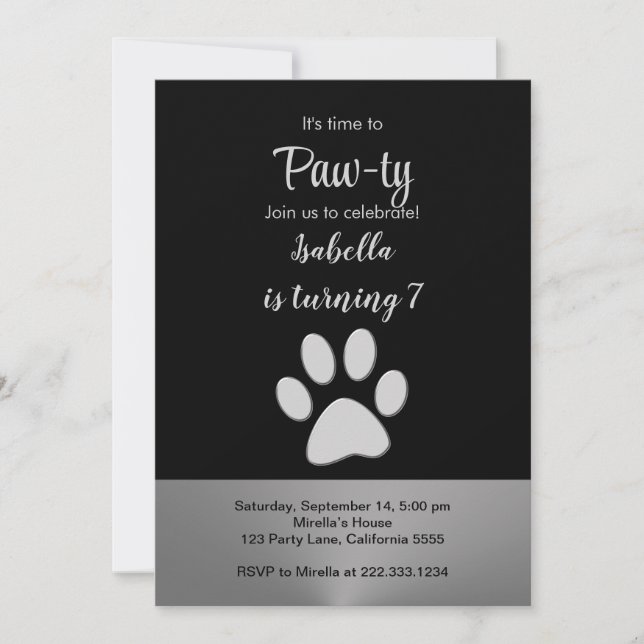 Invitación Paw de perro plateado sobre fondo negro (Anverso)