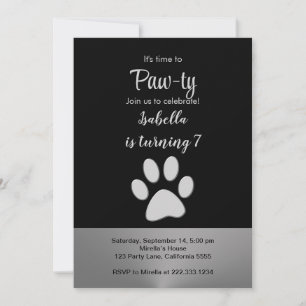 Invitación Paw de perro plateado sobre fondo negro
