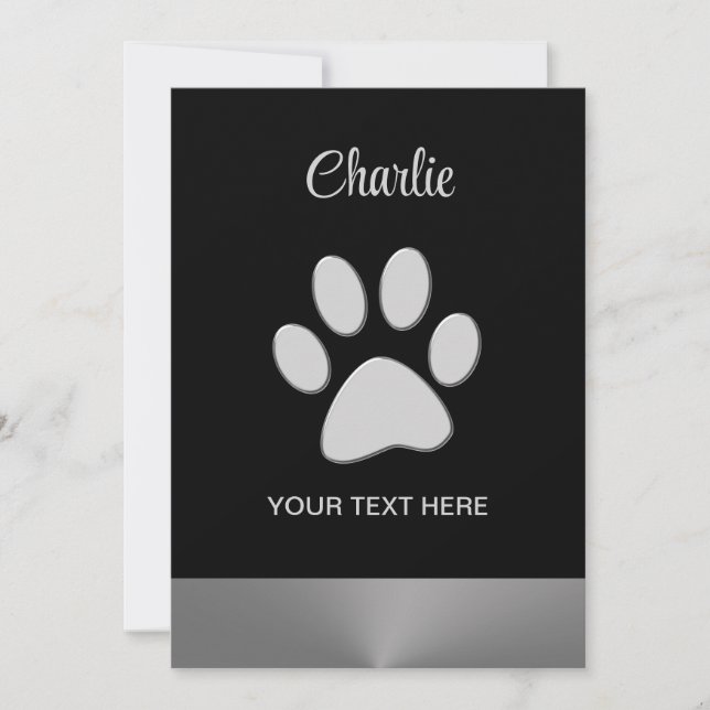 Invitación Paw de perro plateado sobre fondo negro (Anverso)