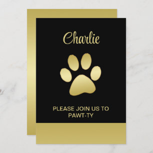 Invitación Paw dorada de perro brillante sobre fondo negro