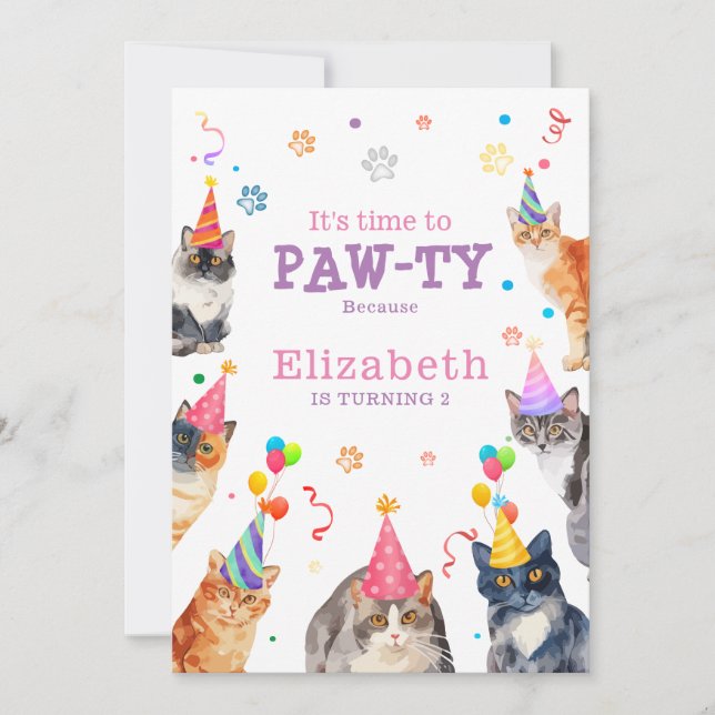 Invitación Paw-ty Time Gracioso Gato Temático Niños Cumpleaño (Anverso)