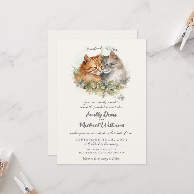 Invitación Pawsitive in Love Romantic Cat Couple Boda (Anverso/Reverso In Situ)