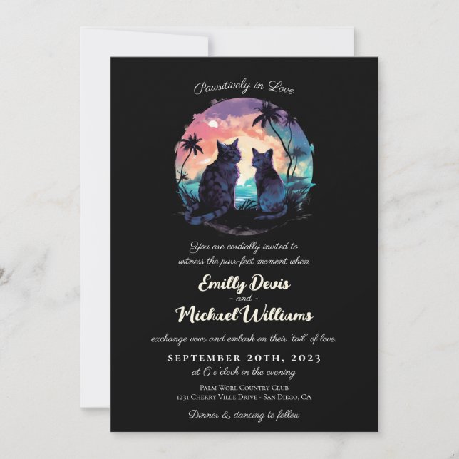 Invitación Pawsitive in Love Sunset Romantic Black Boda (Anverso)