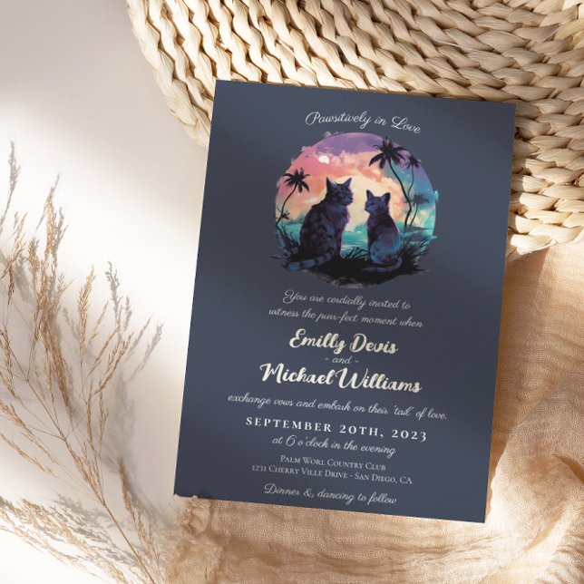 Invitación Pawsitive in Love Sunset Romantic Cats Boda (Subido por el creador)