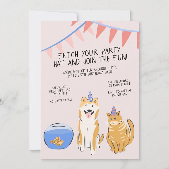 Invitación Pawty Time Kids Birthday Invitation | House Pets (Anverso)