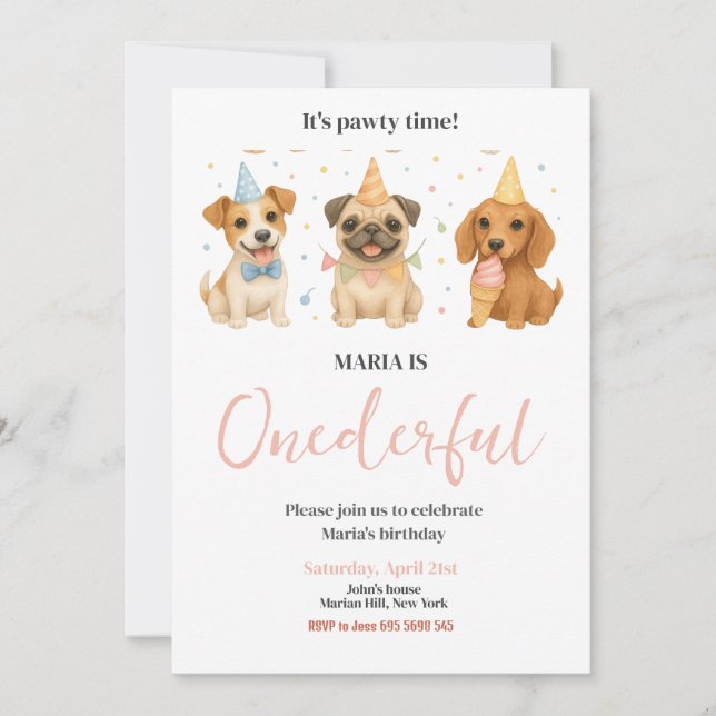 Invitación Pawty Time Puppy Dog OneMaravillosa fiesta de cump (Anverso)