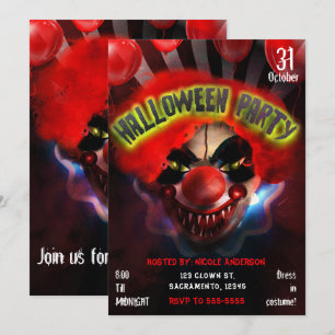 Invitación Payaso Asesino Espeluznante y Aterrador Fiesta de 