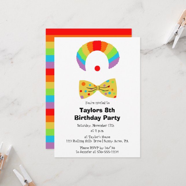 Invitación Payaso con peluca arcoiris Cumpleaños personalizad (Anverso/Reverso In Situ)
