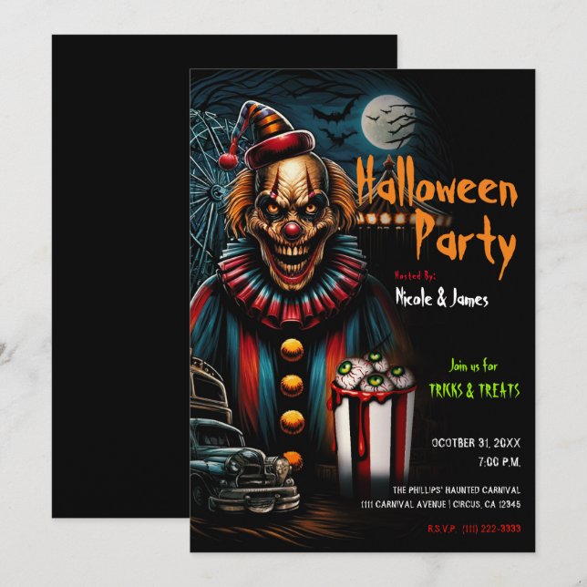 Invitación Payaso de carnaval espeluznante fiesta de Hallowee (Anverso / Reverso)